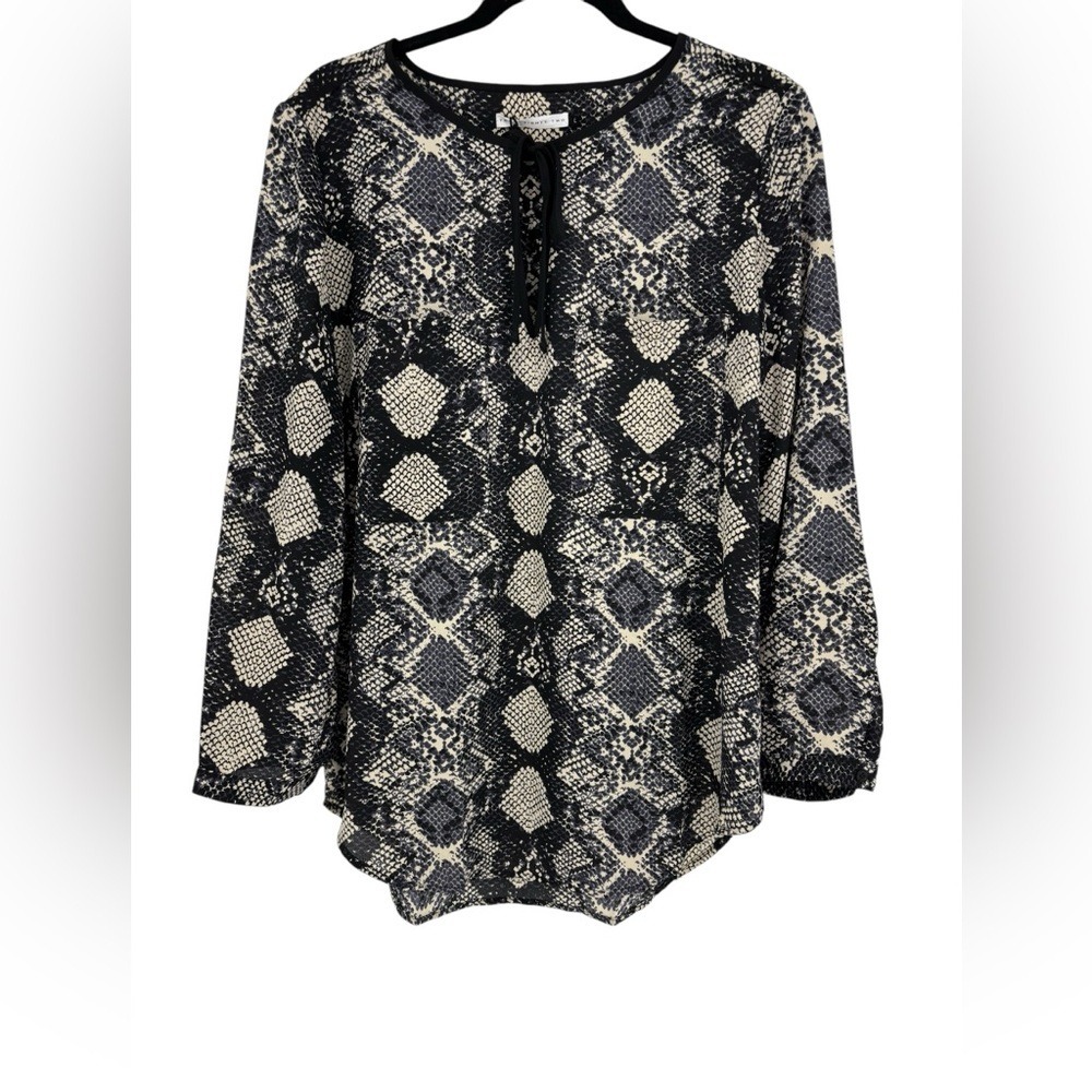 Three Eighty Two Snakeskin Print Tie Neck Blouse Grey Black Size Small NWT